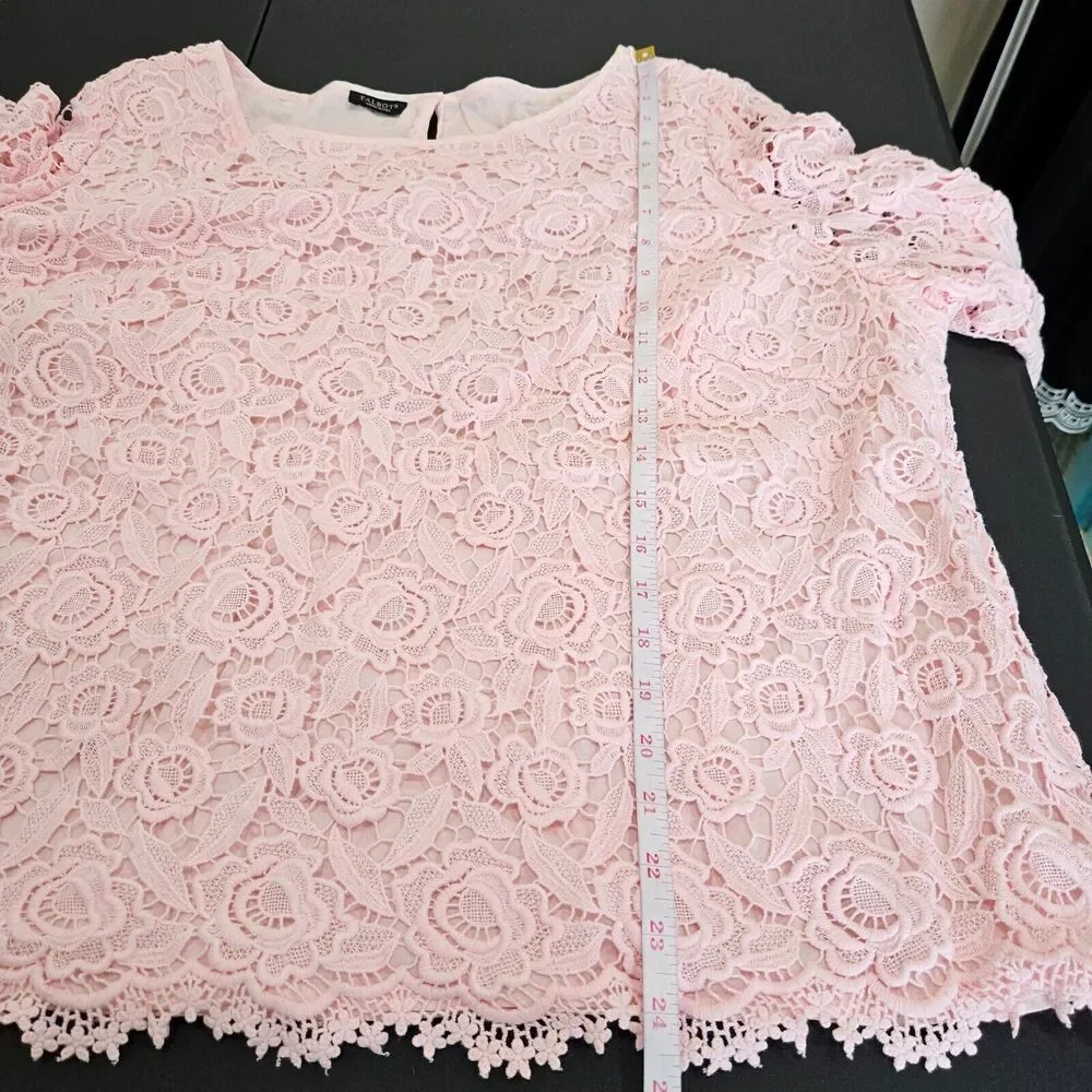 Talbots Womens Lace Shirt Petite Bubblegum Pink 3/4 Sleeves Regency Royalcore